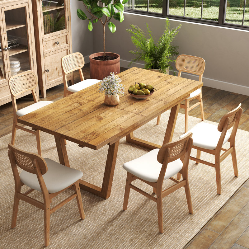 Farmhouse Dining Table Set, Solid Wood Extendable Dining Table And Rattan Back Dining Chair For Dining Room/Kitchen/Living Room
