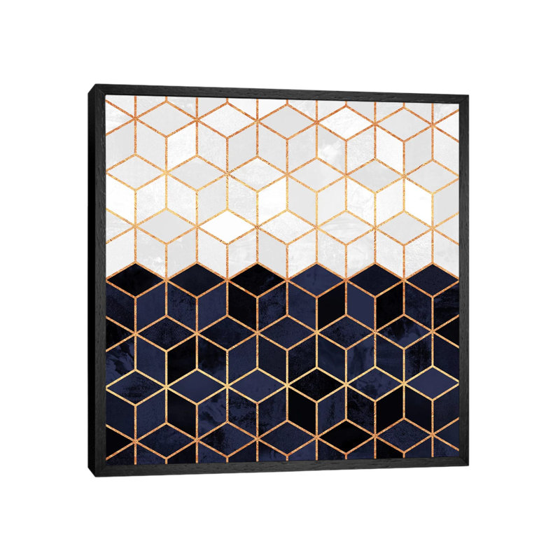 White And Navy Cubes - Floater Frame Print on Canvas, 66.04 cm H x 66.04 cm W, Black Framed