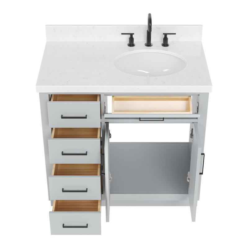 Meuble-lavabo simple en bois massif 36 po Tidworth avec plateau en quartz Carrara de 1,5 po, Oui, Ovale, Gris