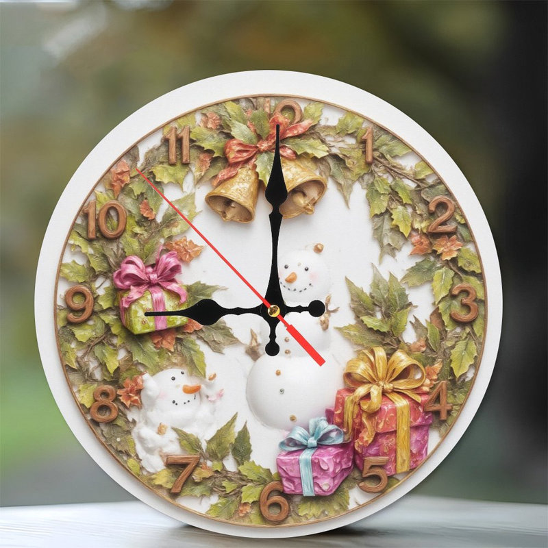 Noël-Horloge-Couronne-Bonhommes de neige-Cadeaux
