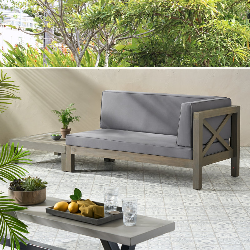 Ensemble de causeuse et table basse d'extérieur en bois d'acacia Seana, Accoudoir à droite (vu de face), Gris foncé, Gris
