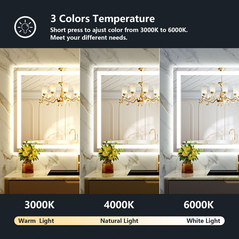 Akilan Frameless LED Vanity Mirror with Front-lit and Back-lit, Memory Function, 3 Color Temperatures & Dimmable Light, Anti-fog Tempered Glass ETL Mirror