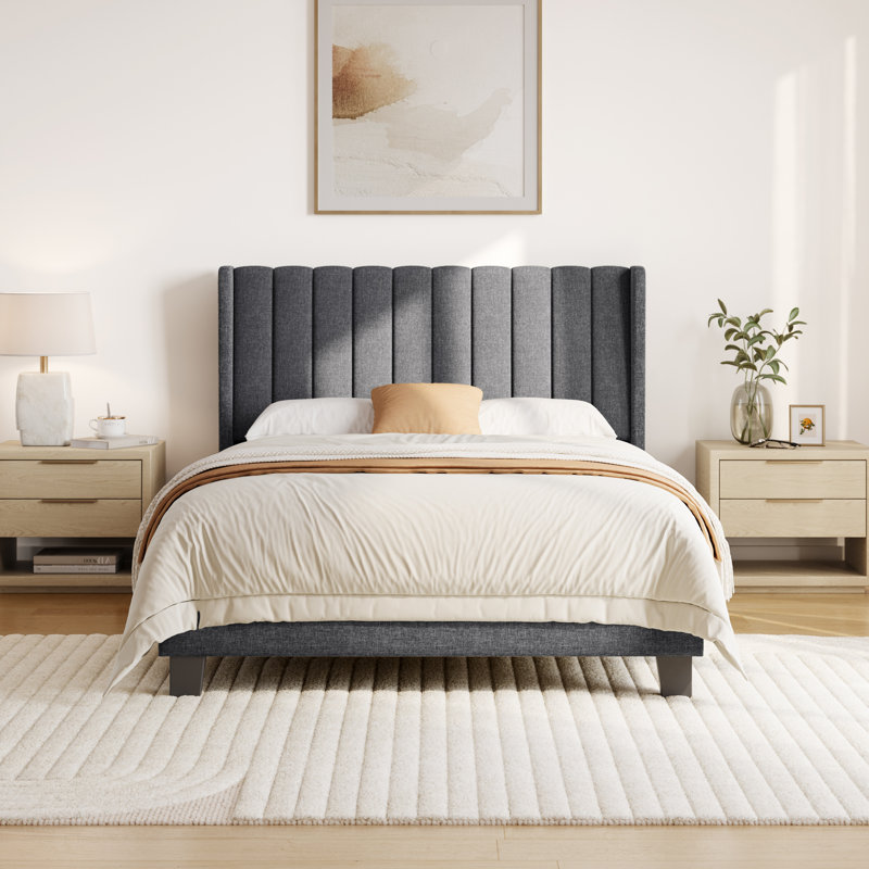 Upholstered Bed Frame with Channel Tufted Headboard, Dark Grey, Kingsize (5')
