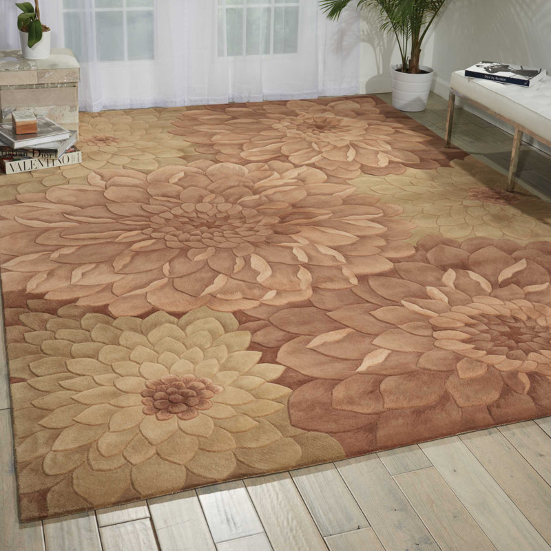 Tapis vert / brun en laine touffeté à la main Floral, Rectangle de 7 pi 6 po x 9 pi 6 po
