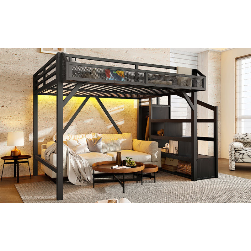 Full Loft Bed With Storage Stairs, Shelves And Built-In Wardrobe, Metal Loft Bed Frame With USB Ports And LED Lights, Noise-Reduced Design, Black Woodgrain