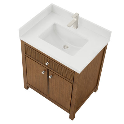 Meuble-lavabo simple 30 po Rian en noyer grillé, comptoir en quartz blanc, lavabo carré encastrable (1 trou), garniture en nickel brossé