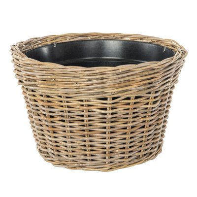 Panier à fleurs conique en rotin pour l'intérieur et l'extérieur avec pot en plastique, petit