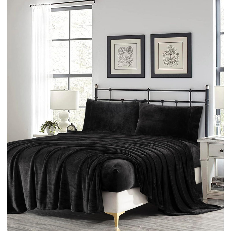 Soft Fleece Sheet Set, Black, Twin Sheet Set with 1 Pillowcase