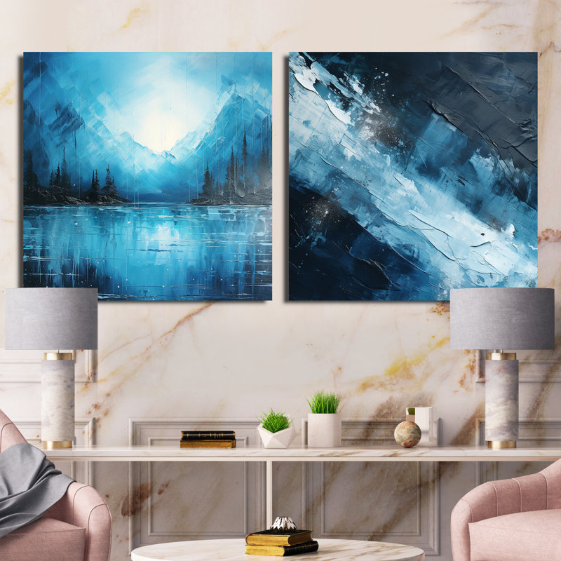 Northern Harmony Blue Sky - ensemble de 2 collages carrés de paysages abstraits, H 16 po x l 33 po, Toile tendue