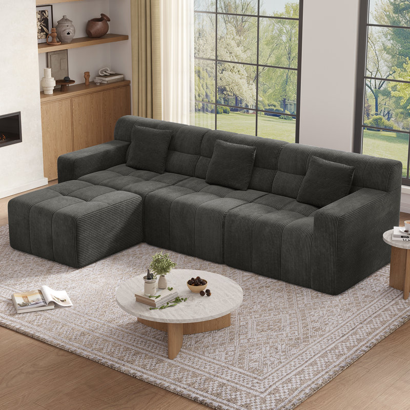 Canapé modulaire avec repose-pieds en velours côtelé de style bonbon 113,4 "Boneless, sans assemblage requis, Gris foncé