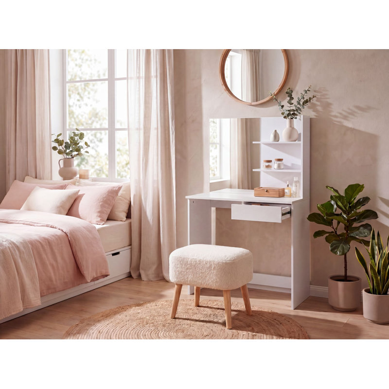 Modern White Dressing Table with Mirror, Drawer & Shelf, Large Make-Up Table