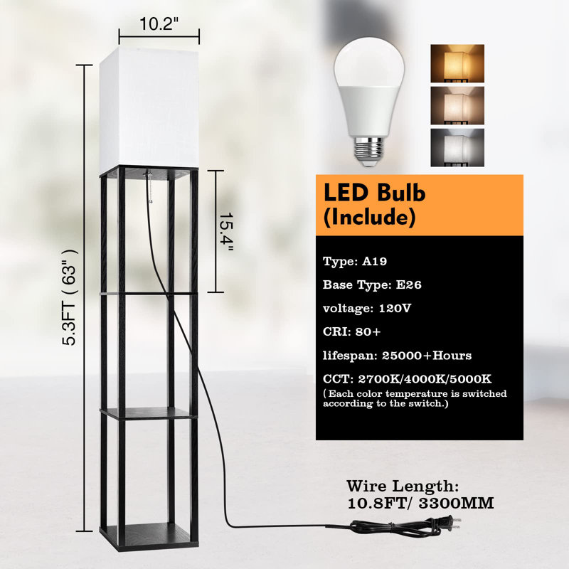 Lampe sur pied à DEL moderne noire avec tablettes: triple affichage, 3 températures de couleur