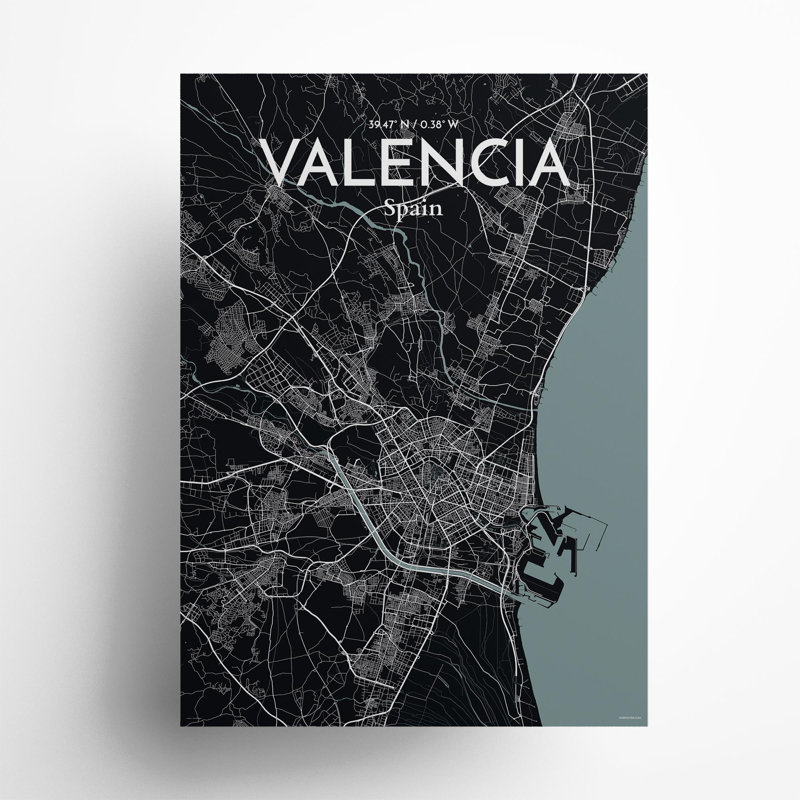 Valencia, carte de la ville, impression, Gris/noir, H 27,6 po x l 19,7 po