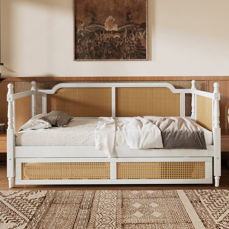Lit de jour en rotin avec couchette, Blanc antique
