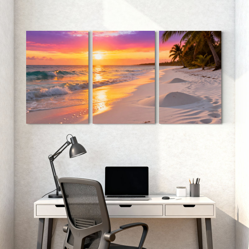 Scénario et paysages urbains coucher de soleil plage vagues palmiers ciel réflexion de sable ensemble de 3 impressions d'art sur toile