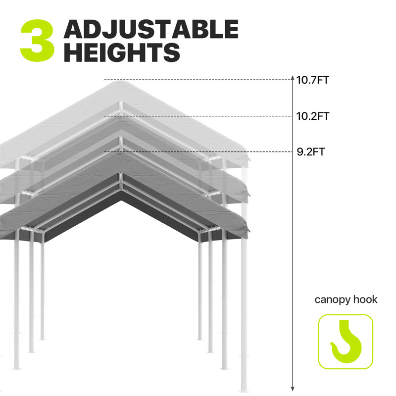 10x20 Ft Outdoor Carport With Adjustable Height, Gray