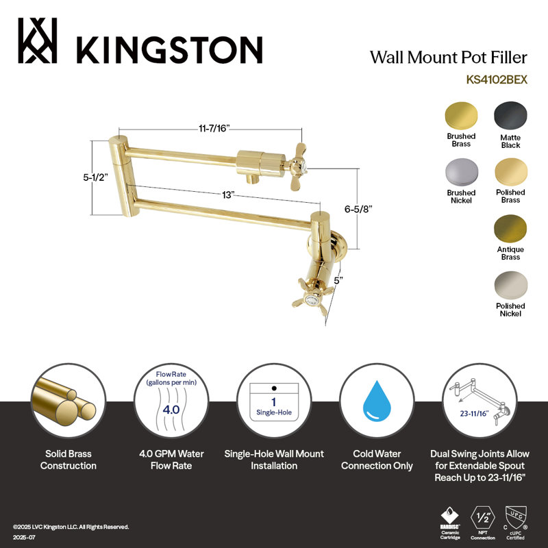 Kingston Brass Manhattan Two-Handle 1-Hole Wall Mount Pot Filler Faucet, Antique Brass, Knob/Flat Cross Handle