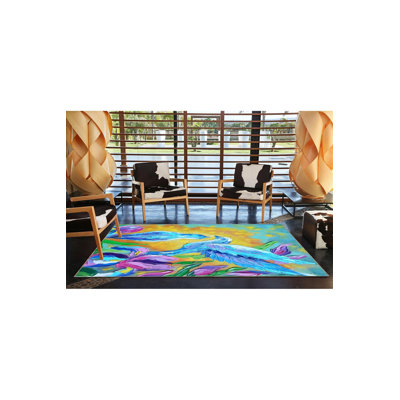 Machine Washable Bird Patterned Blue Mixed Tone Woven Base Area Rug
