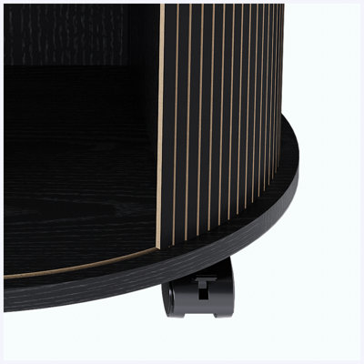 Mid-Century Modern Cylinder Nightstand with Built-in Charging Station & Sliding Door, 2-Tier Round Bedside Table with USB Ports, Black