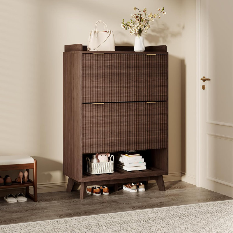 Fluted Shoe Cabinet, 48" Tall Modern Narrow Entryway Shoe Organizer with 2 Flip Drawers, Adjustable Shelves and Bottom Open Shelf
