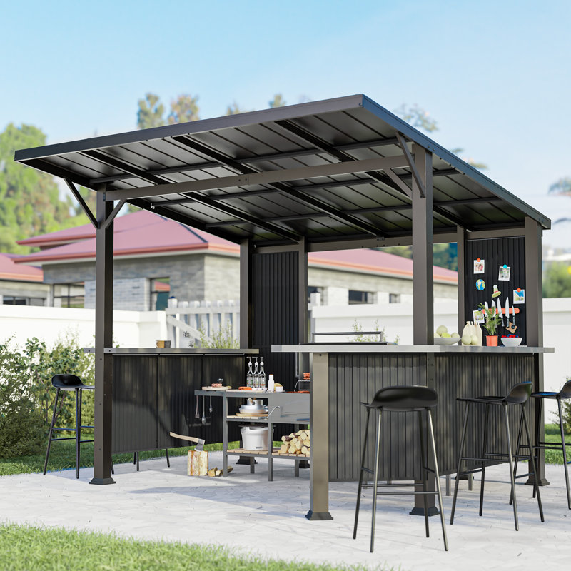 10’×10‘ Heavy-Duty Outdoor Iron BBQ Gazebo with Reversible Side Shelf & Sloped Roof