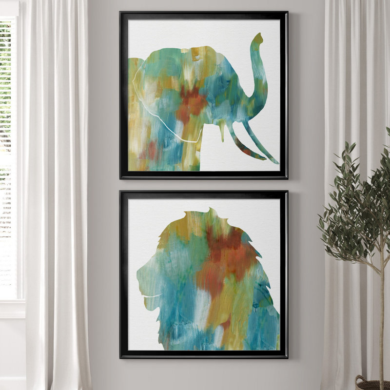 «Painterly Elephant», ensemble de 2 reproductions d'art encadrées, Toile avec cadre noir, Pas de tapis