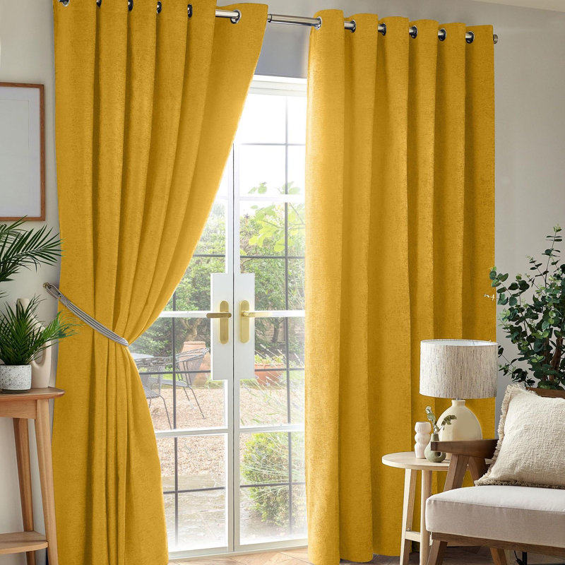 Eilfried Chenille Ring Top Eyelet Curtains, 229cm Width x 229cm Drop, Yellow