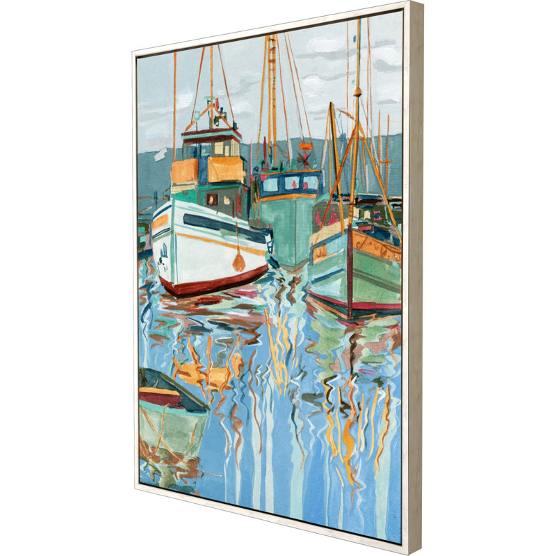 Waterside Boats Canvas Wall Art with Whitewash Frame