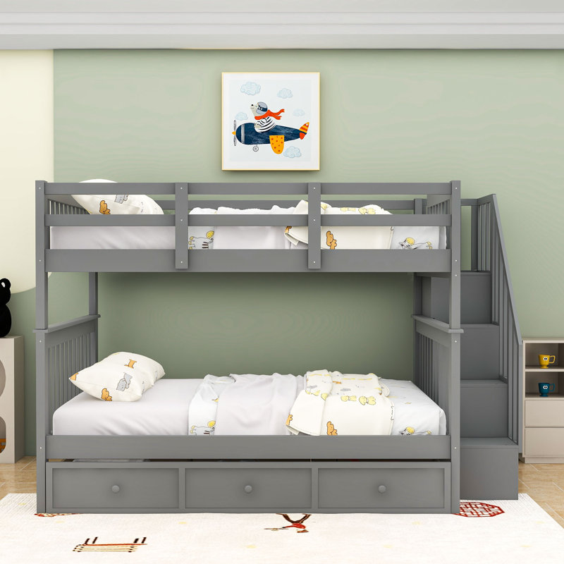 Dorth Kids Full Over Full Bunk Bed with Drawers, Gray