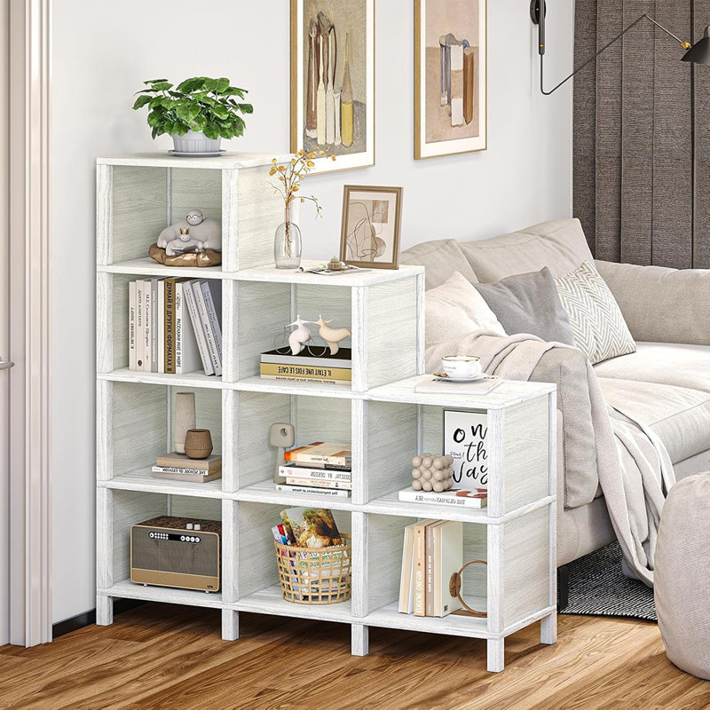 9-Cube Ladder Bookcase & Bookshelf, Floor Standing Display Storage 12 Shelves Bookshelf