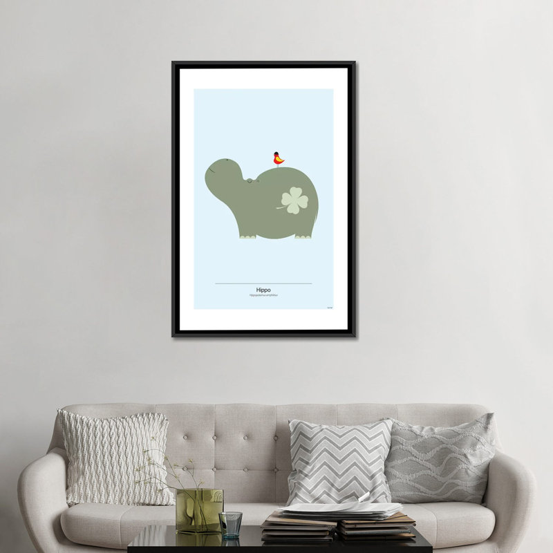 « hippopotame », impression sur toile tendue, H 26 po x l 18 po x P 1,5 po, Toile encadrée noire, Pas de tapis