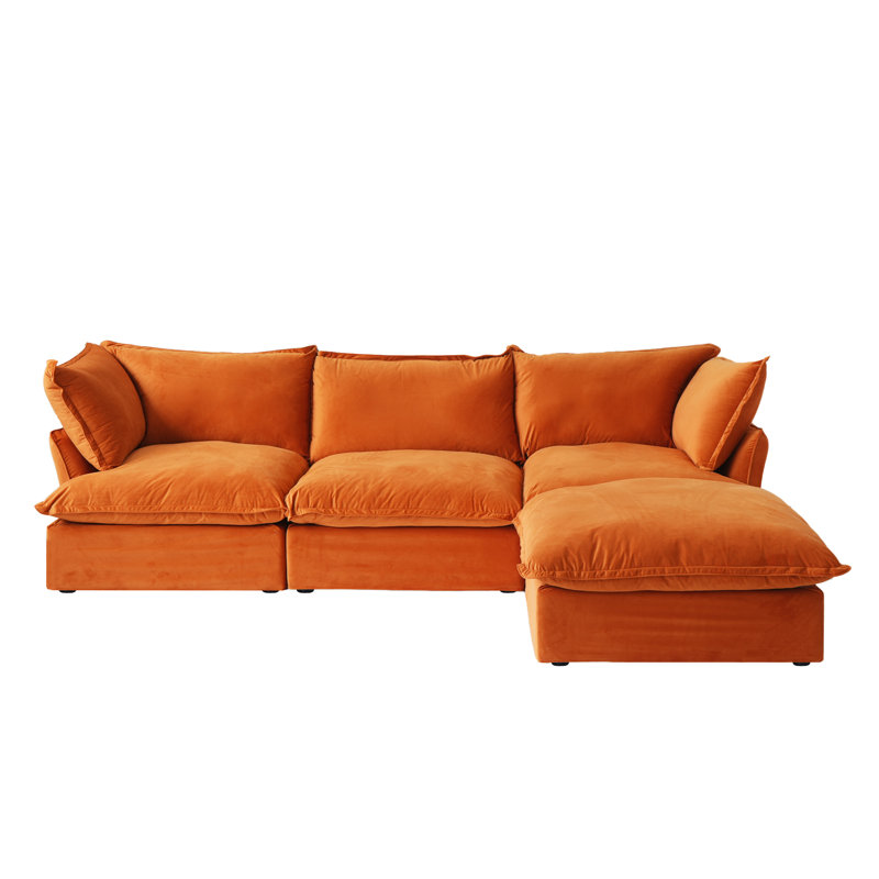 Fairford 4-Piece Upholstered Modern Corduroy Fabric Sectional Sofa With Ottomanl, Orange Velvet