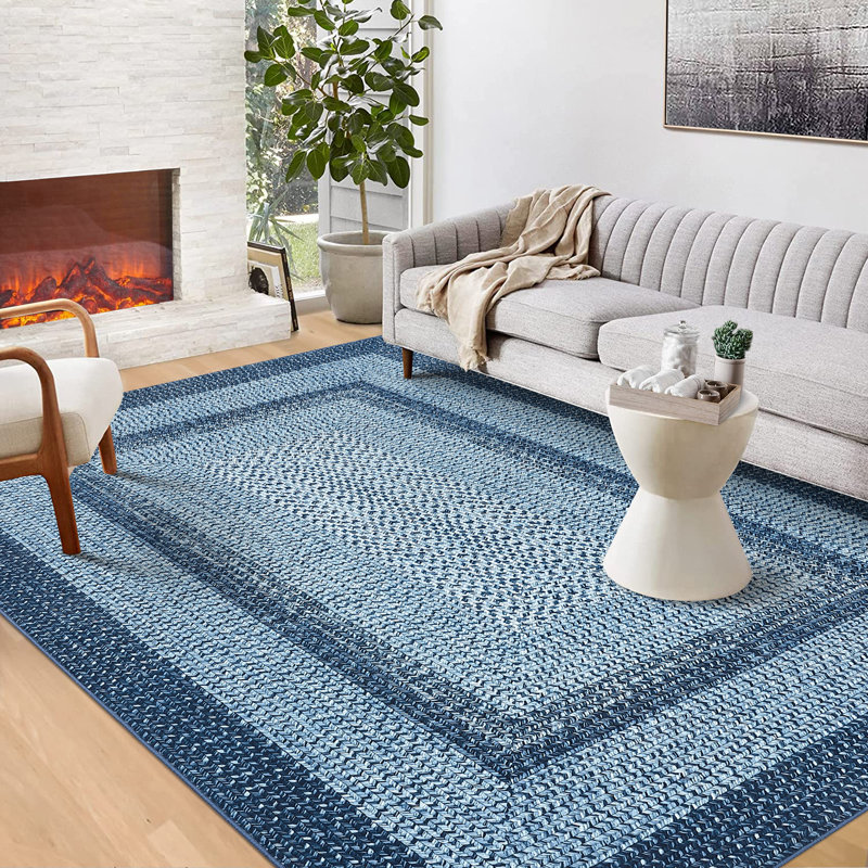 Blue Modern 4 x 6(ft) Rectangular Indoor Soft Non Slip Washable Bordered Geometric Area Rug, Rectangle 4' x 6', Blue