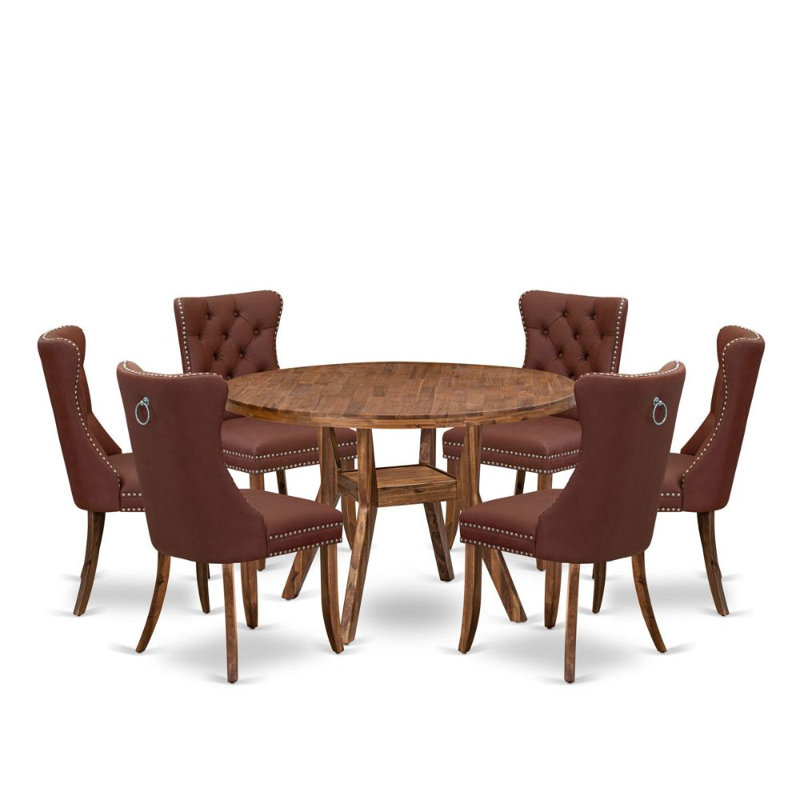 L'ensemble de table de salle à manger 7 pièces Mid-Century se compose d'une table et de 6 chaises en tissu de polyester gris platine avec dossier capitonné - finition noyer antique
