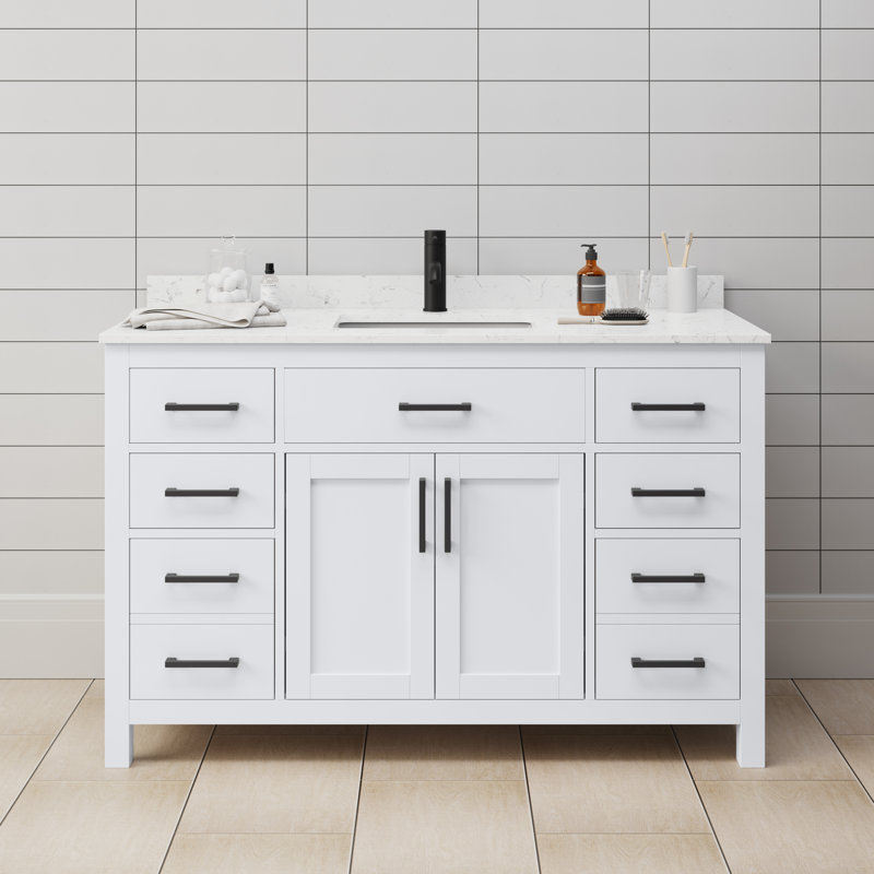 Beckett 54" Freestanding Single Bathroom Vanity with Cultured Marble Top, Carrara Cultured Marble, White, Matte Black