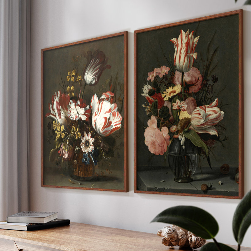 Impression florale rétro - ensemble de 2, H 9 po x l 22 po, Noyer