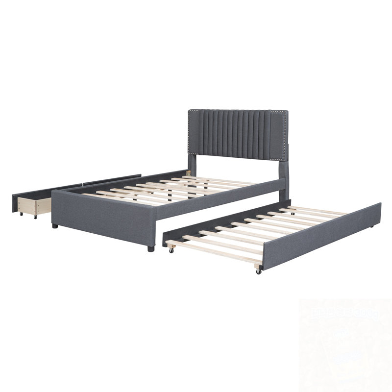 Lit plateforme double tapissier double avec 2 tiroirs et 1 lit gigogne simple, Gris, Lit double