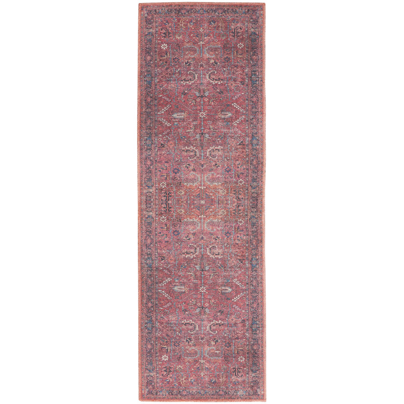 Brick Red Cotton Chenille Runner Rug with Distressed Persian Pattern