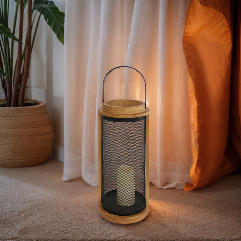 Wooden Candle Lantern with Metal Handle