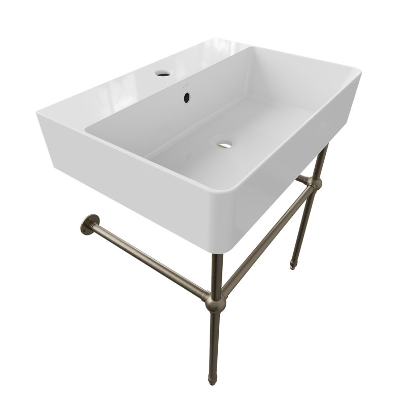 Lavabo de salle de bain console rectangulaire avec trop-plein Nuo 2, Blanc / nickel brossé