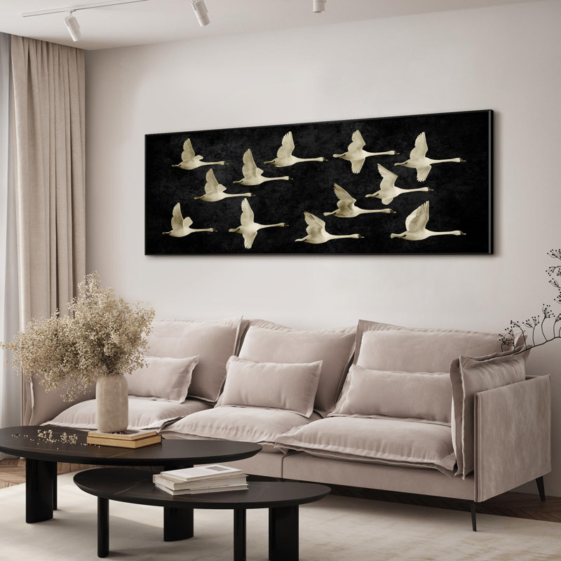 Très grande reproduction d'art sur toile - Illustration de cygnes blancs en vol, décor d'œuvres d'art pour le salon ou la chambre à coucher - «Assemblage requis du cadre (cadre non fini)»