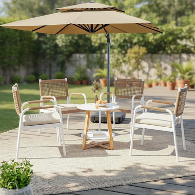 Set of 4 Rattan Dining Chairs with Cushions, Metal Frame Wicker Patio Chairs with Armrests, Lattice Weave Outdoor Seating for Deck Porch, White & Brown
