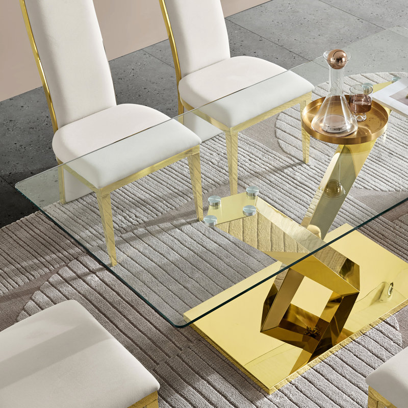 Table de salle à manger rectangulaire en verre trempé de 71,55 pouces avec pieds dorés, conception sobre, plateau en acier inoxydable fonctionnel, surface lisse, look moderne,