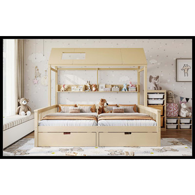Lit plateforme simple double avec tablettes et tiroirs de rangement, lit plateforme avec lattes de soutien, conception de maisonnette, naturel