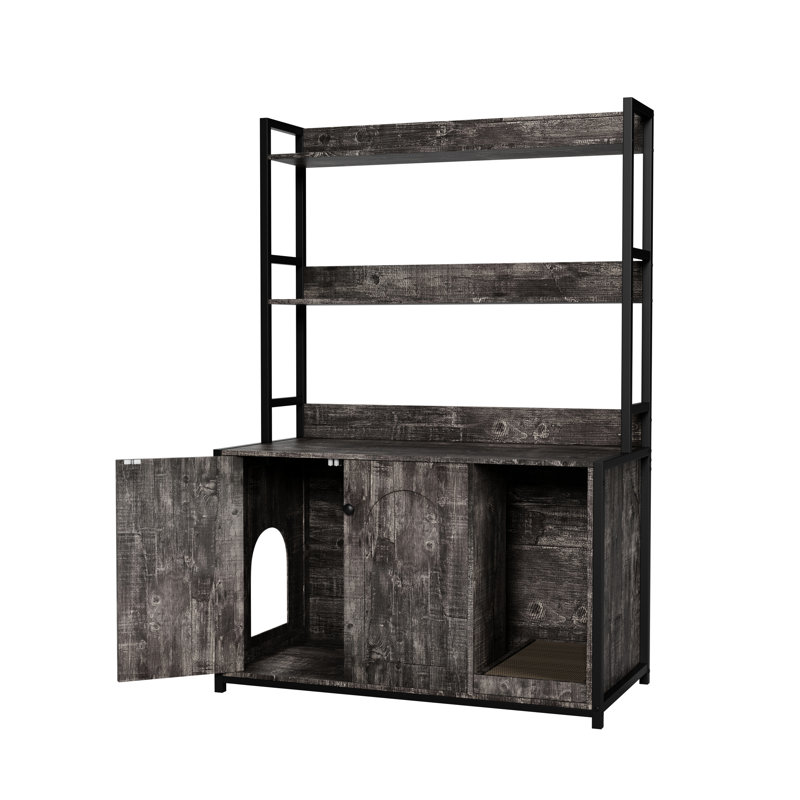 Grande armoire intérieure pour chat grise avec étagère de rangement, portes doubles et bloc-notes, structure de litière cachée