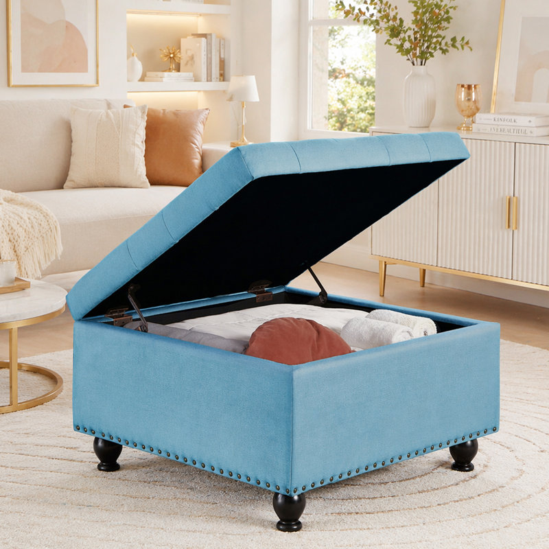 Square Tufted Upholstered Linen Ottoman, Light Blue