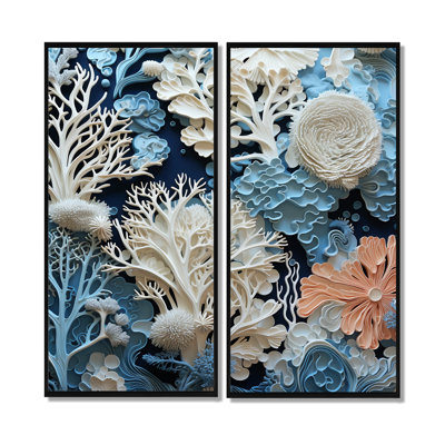 Sous l'eau, coraux bleus et blancs, collage I - art mural bleu, 2 pièces