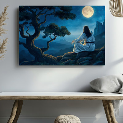 Toile, scène sereine de nuit mettant en vedette une figure dans un art mural, robe assise sur un affleurement rocheux avec leur dos tourné, art mural