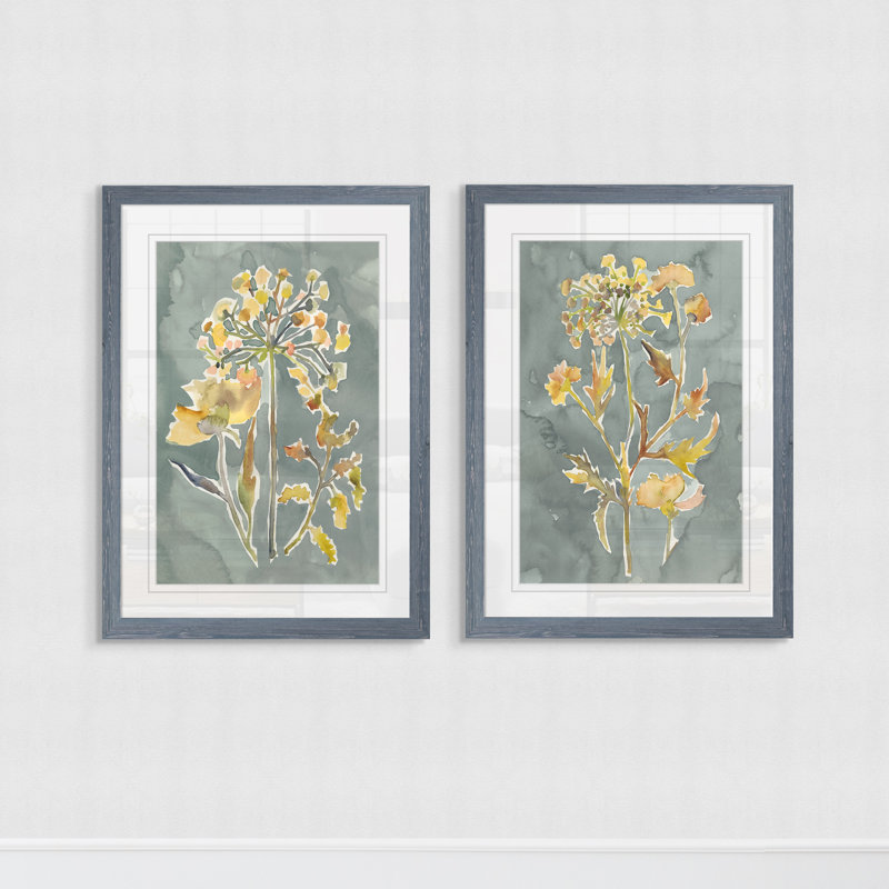 «Collection Florals I», ensemble de 2 reproductions d'art encadrées, H 20 po x l 16 po, Toile avec encadrement ébène, Gris