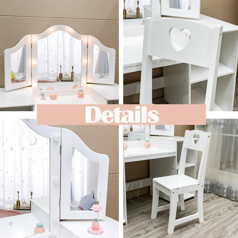 Ensemble coiffeuse et miroir pour enfants Causey, Blanc